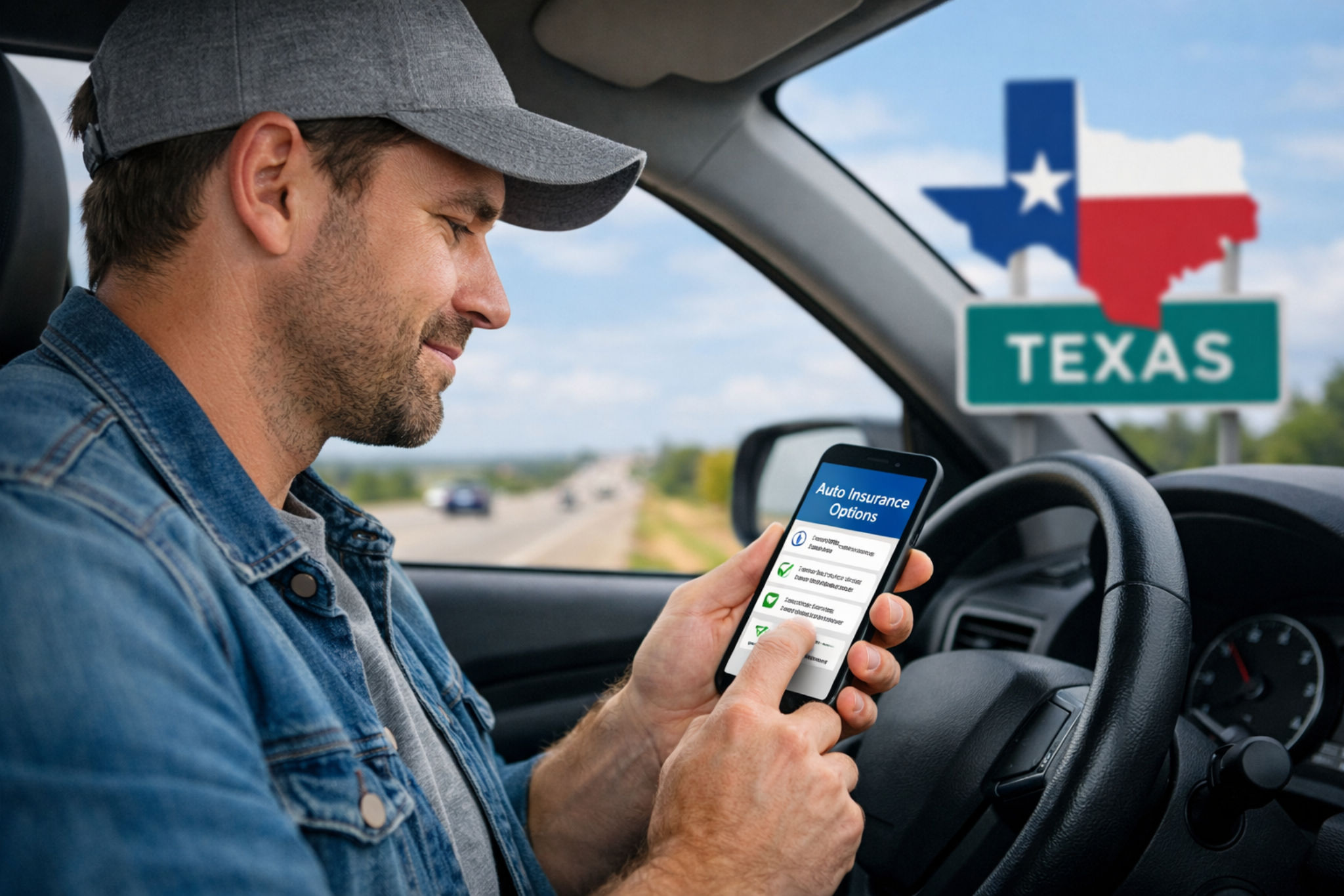 Texas driver checking auto insurance options on a mobile phone